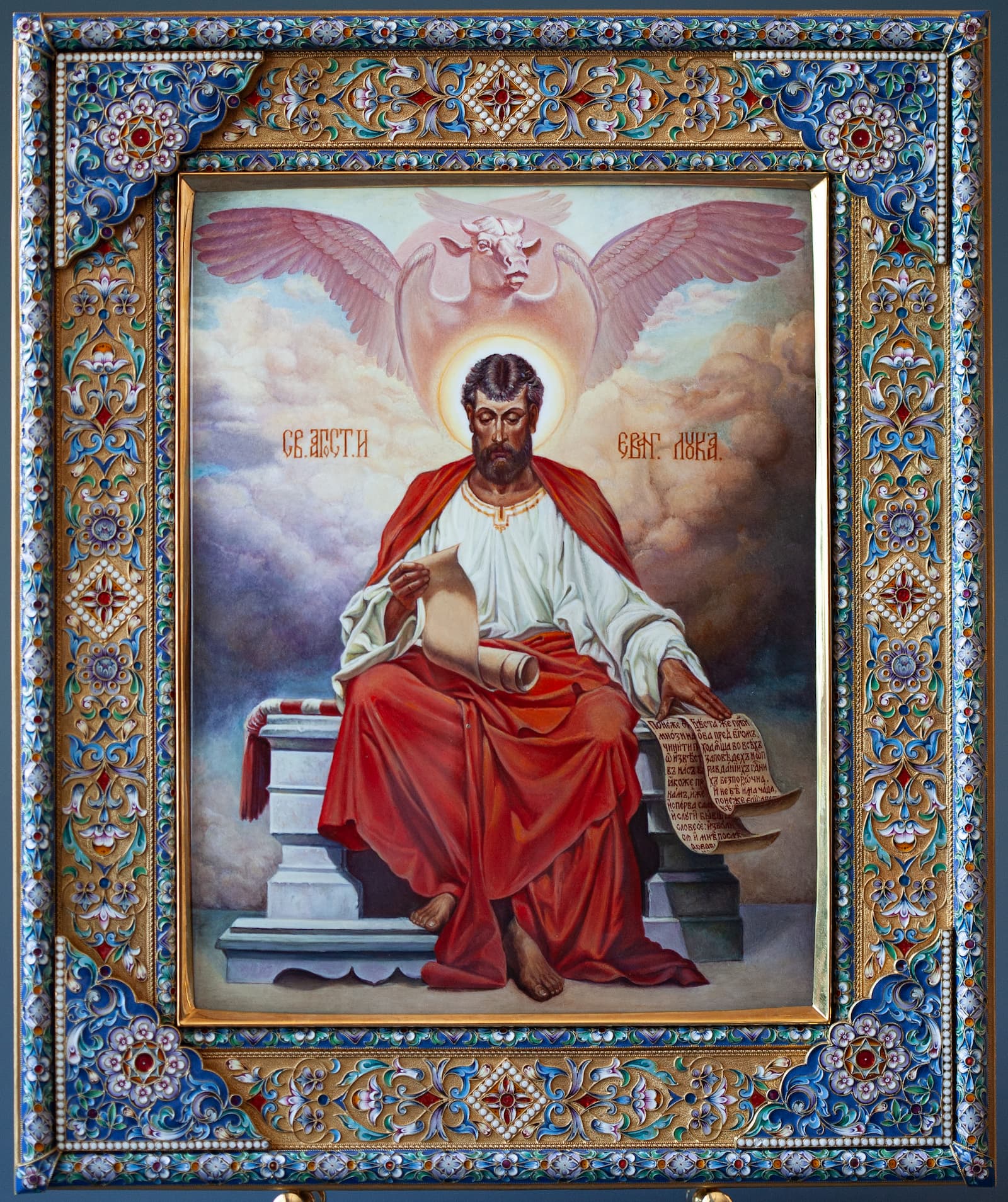Рукописная икона Апостол и Евангелист Лука в технике миниатюрной живописи по эмали. Фото 2. Икона в полный размер